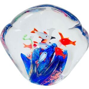 Murano Art Glass School Fish Bubble Hand Blown Paperweight Aquarium Blue Orange
